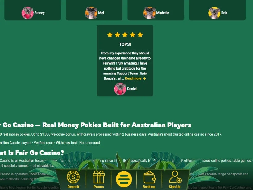 The lower part of the Fair Go Casino home page showing payment logos and security badges