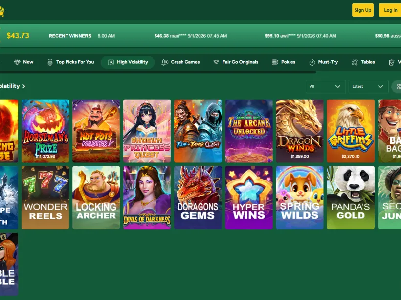 The High Volatility category in the Fair Go Casino lobby