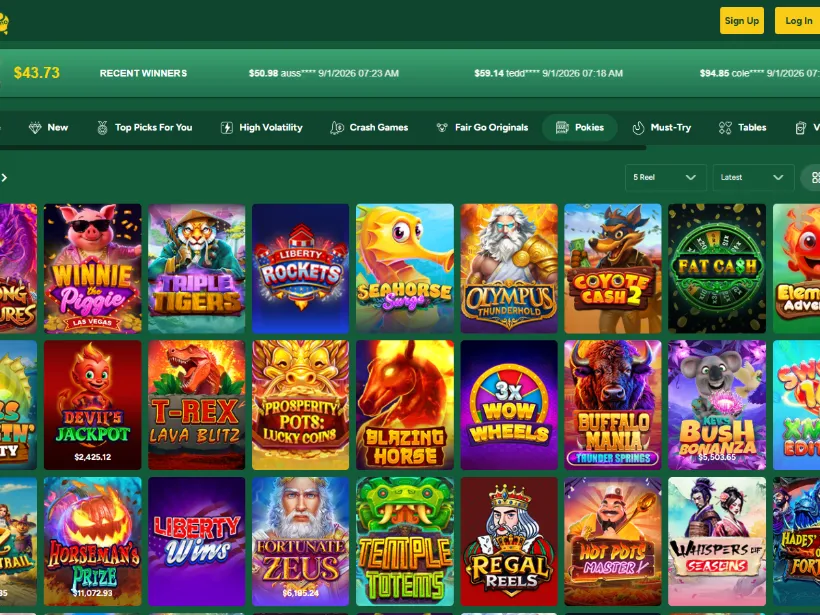 The Pokies category in the Fair Go Casino lobby showing a grid of slots