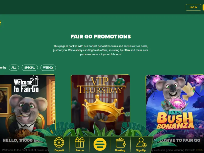 The Fair Go Casino promotions page listing current offers