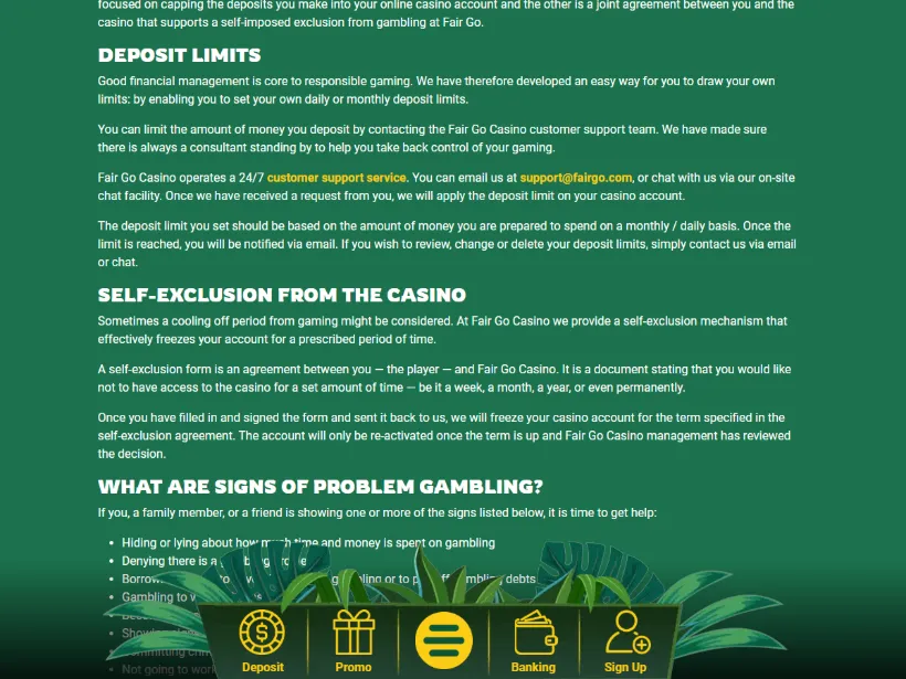 Deposit limits and self-exclusion options at Fair Go Casino